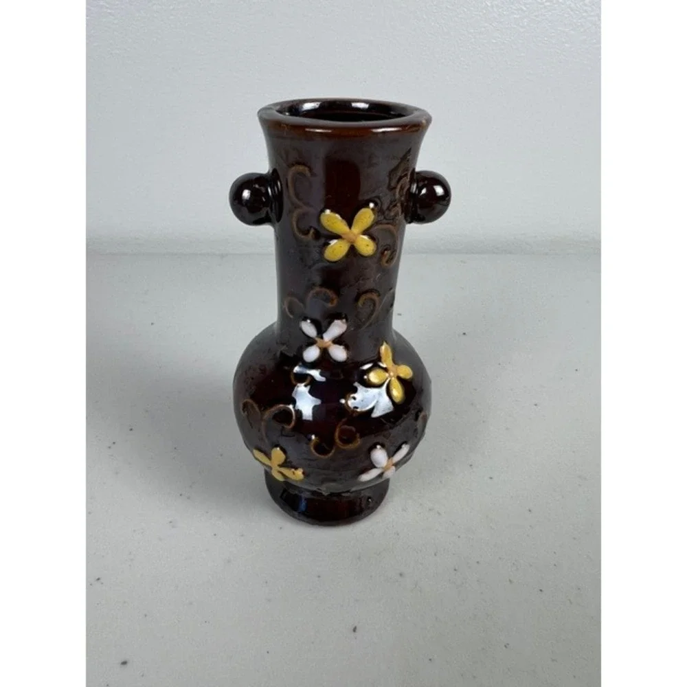 Vintage Made in Occupied Japan Miniature Bud Vase Brown Moriage Floral 4 Inch